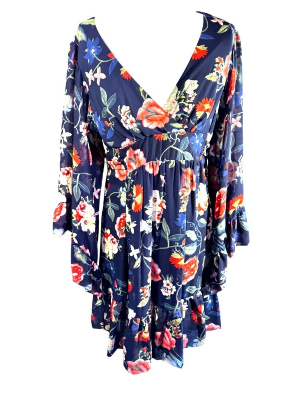 Betsey Johnson Floral Navy Wrap Dress W/ Ruffle Sleeves & Tie Back